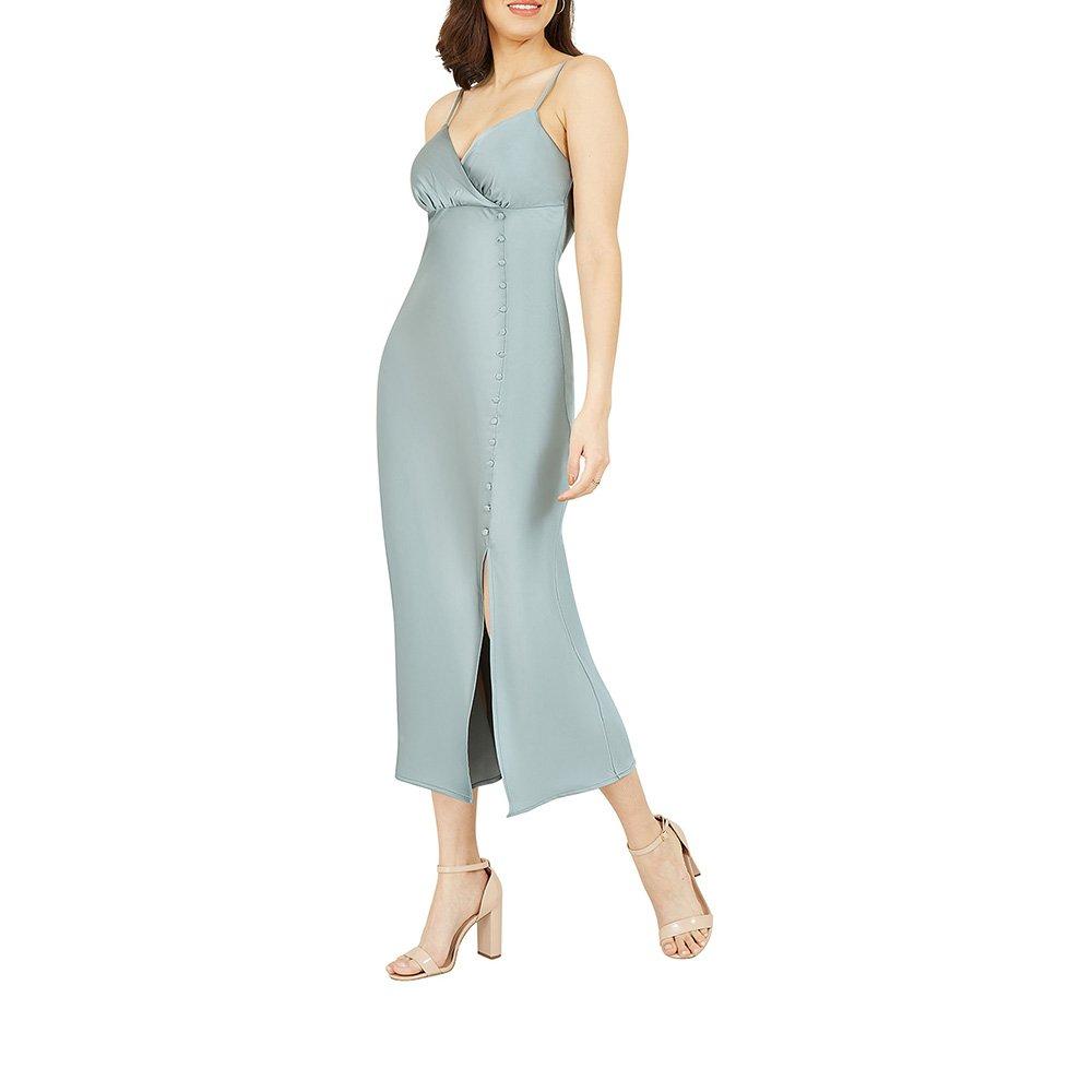 Silver - Mela London - Women's Silver Satin Button Detail Slip Dress - 2