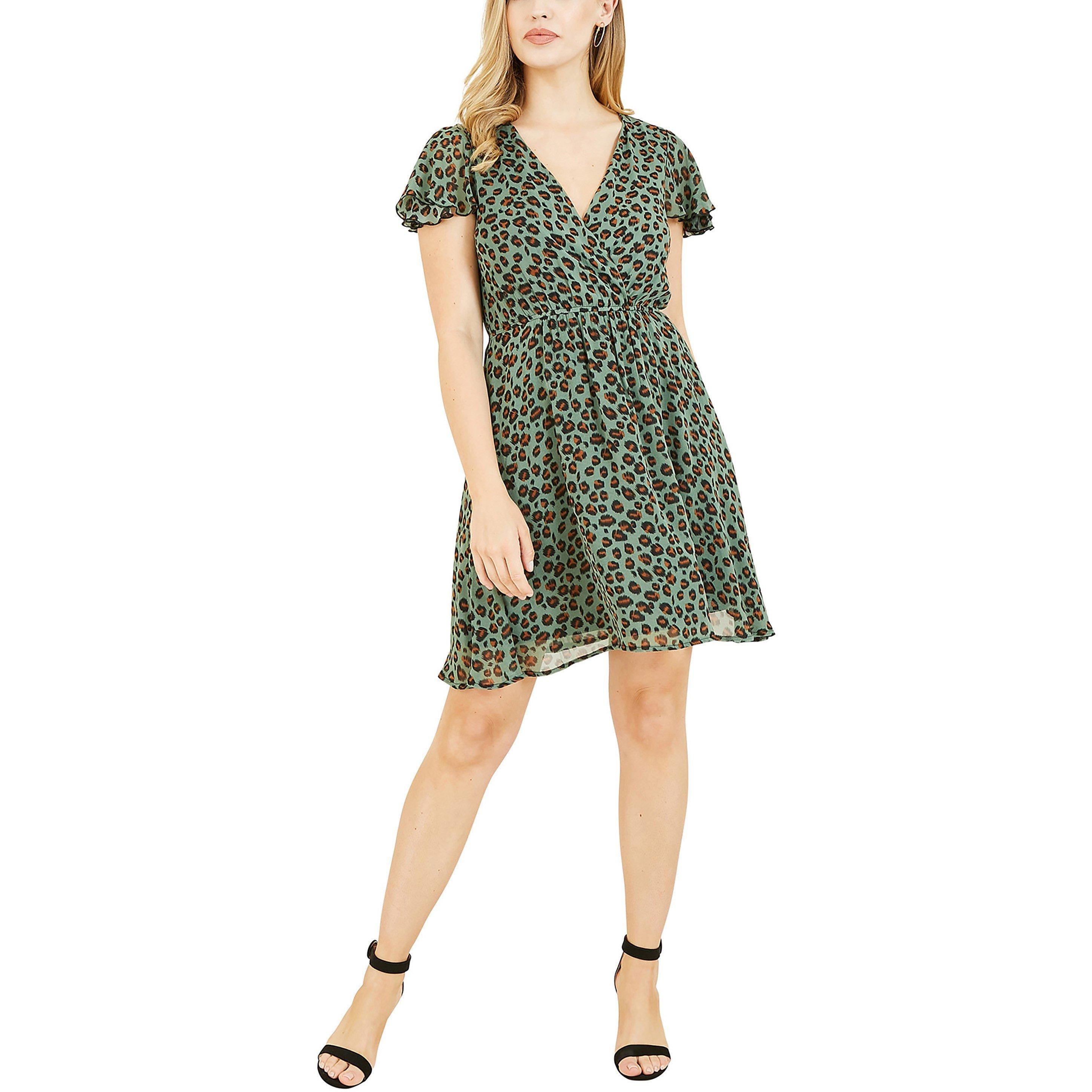 Green - Mela London - Women's Green Animal Print Wrap Skater Dress - 2