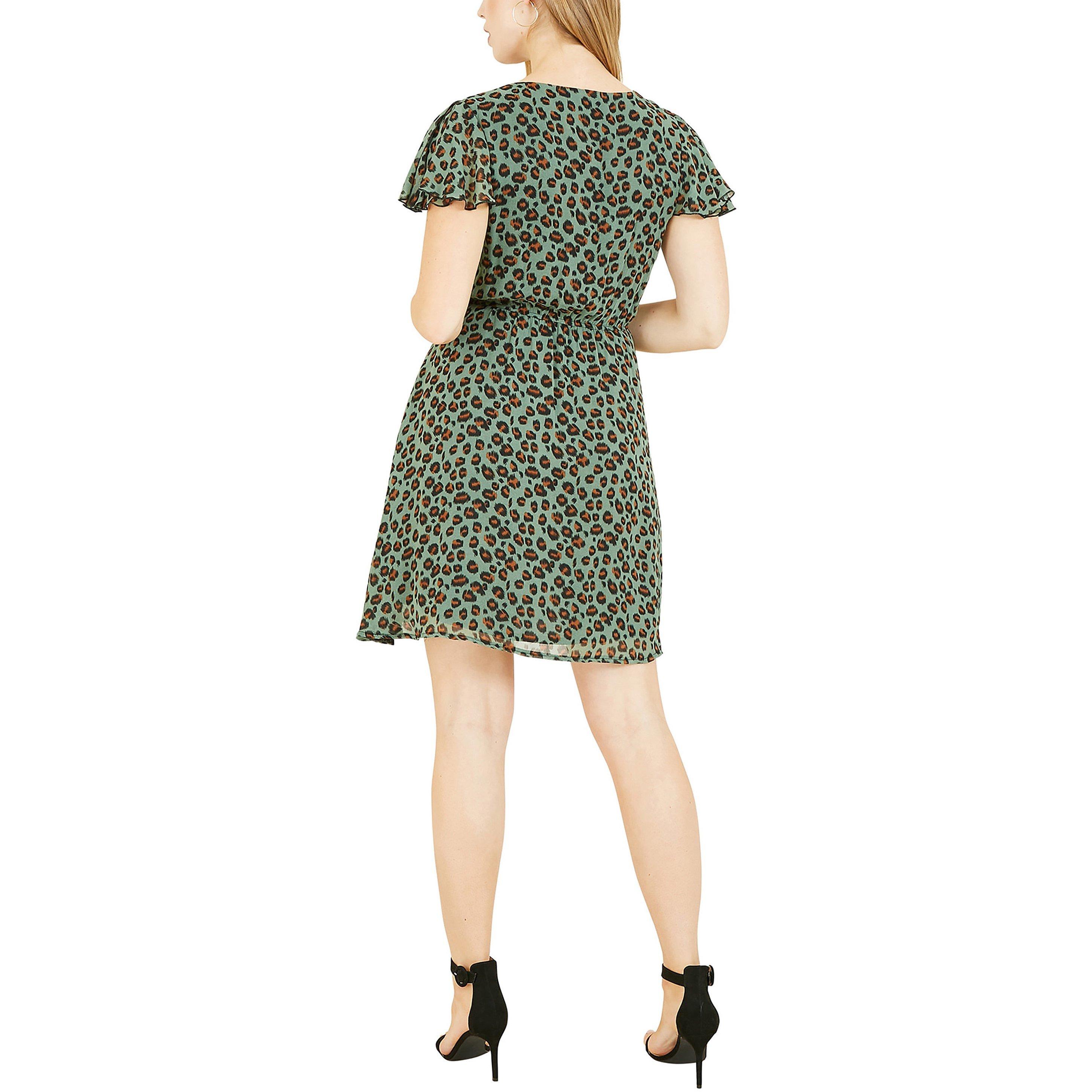 Green - Mela London - Women's Green Animal Print Wrap Skater Dress - 4