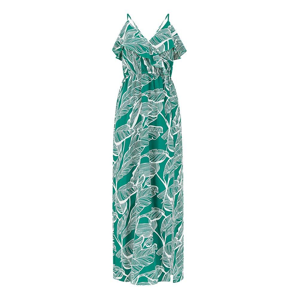 Green - Mela London - Women's Green Tropical Print Frill Maxi Dress - 1