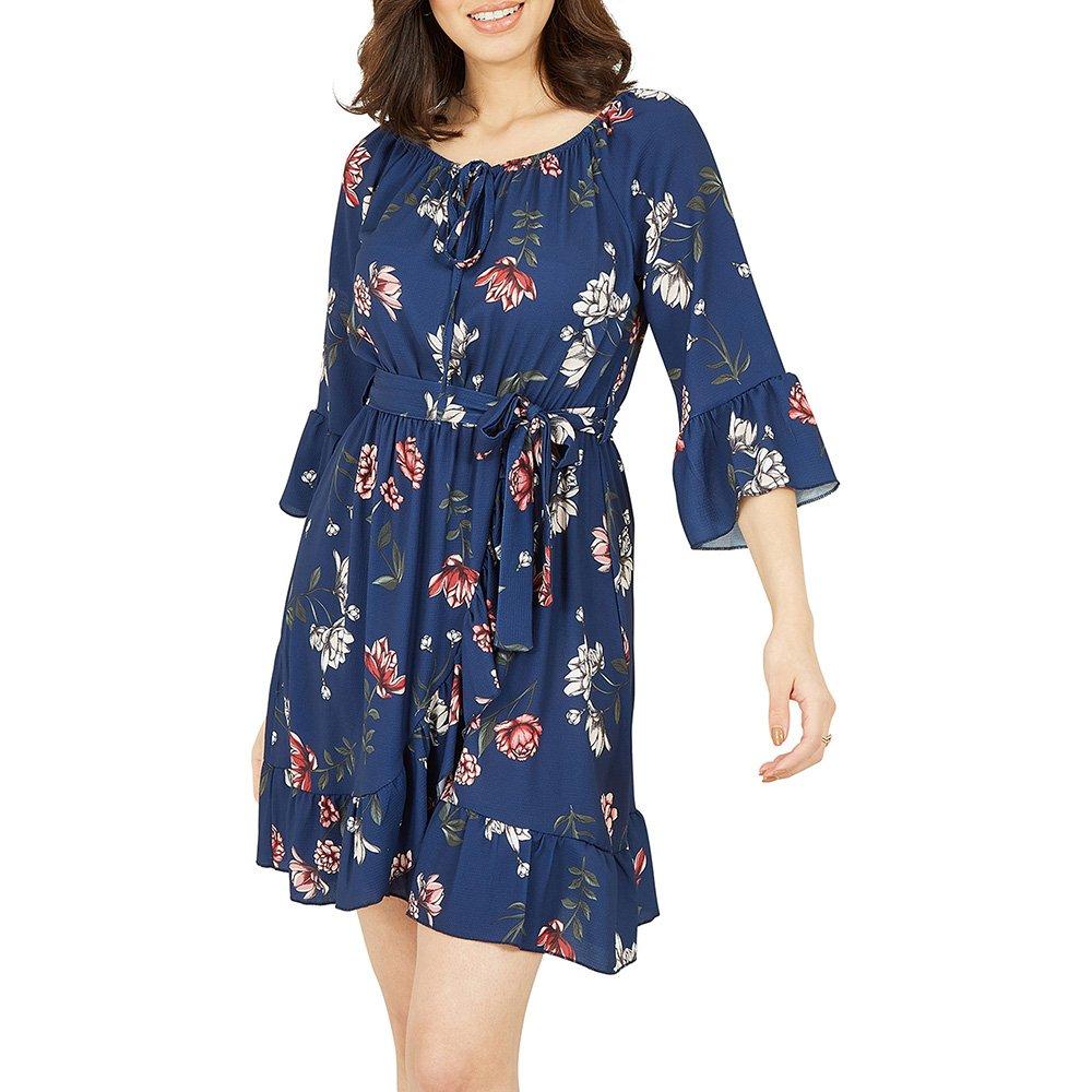 Navy - Mela London - Women's Navy Floral Bardot Frill Maxi Dress - 3