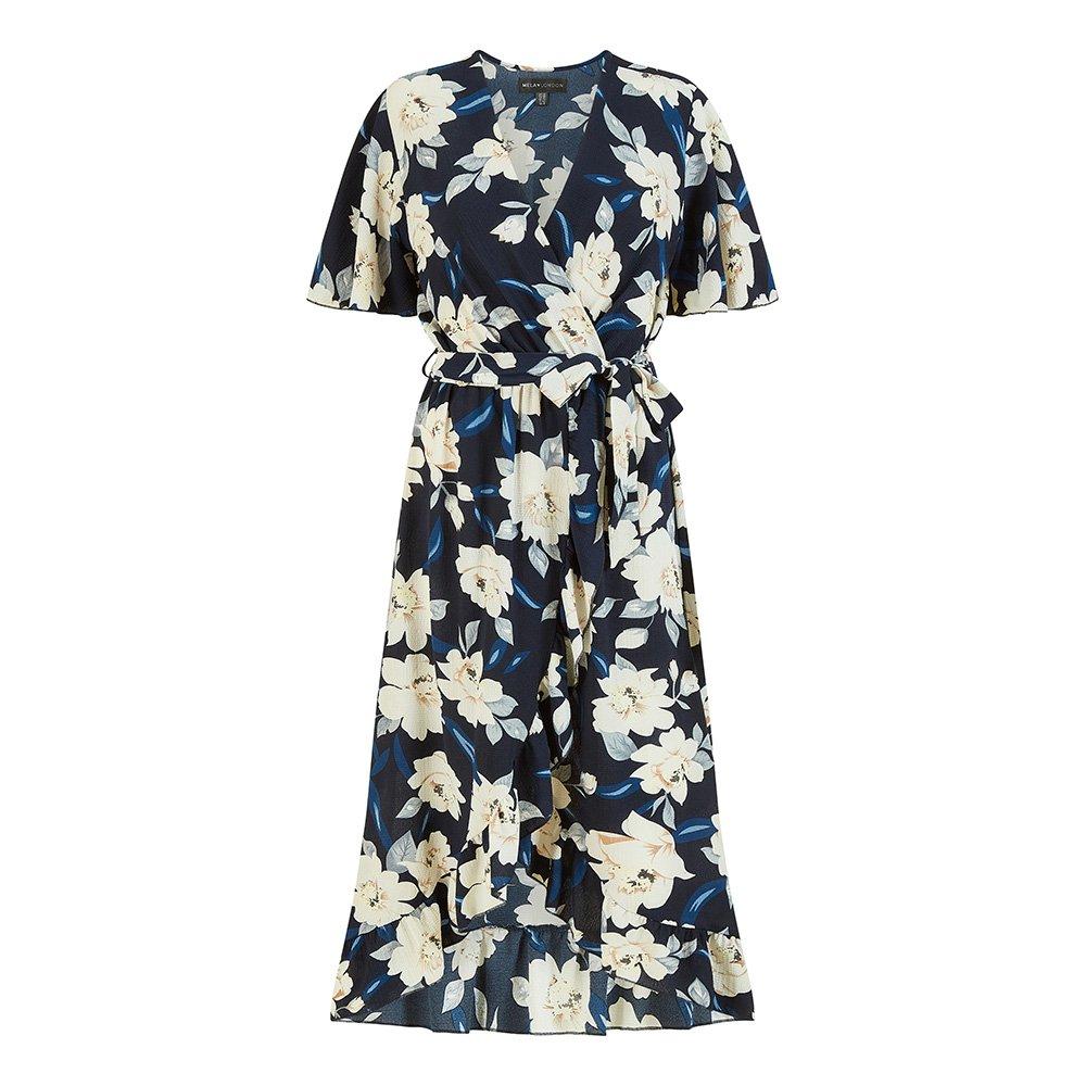 Navy - Mela London - Women's Navy Floral Print Midi Wrap Dress - 1