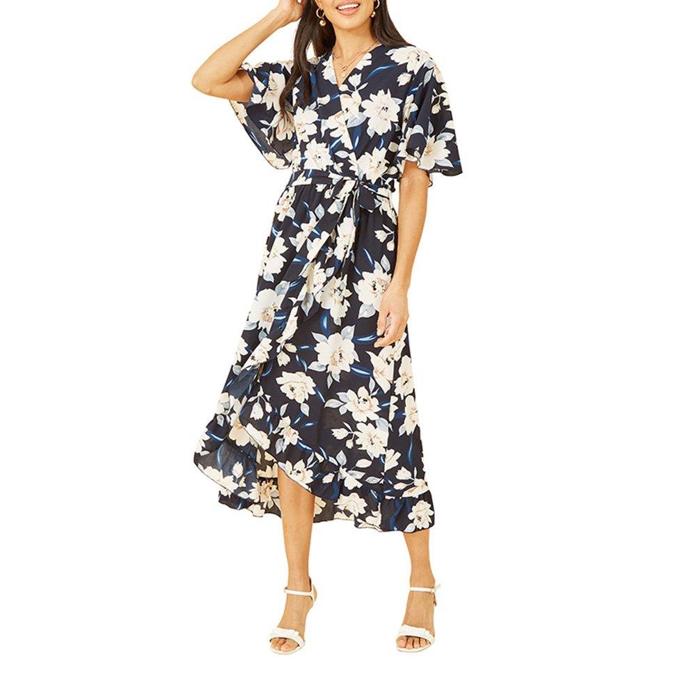 Navy - Mela London - Women's Navy Floral Print Midi Wrap Dress - 2