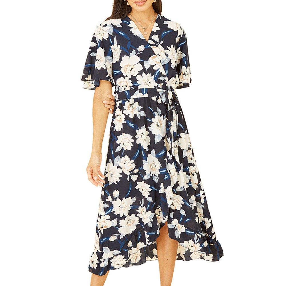 Navy - Mela London - Women's Navy Floral Print Midi Wrap Dress - 3