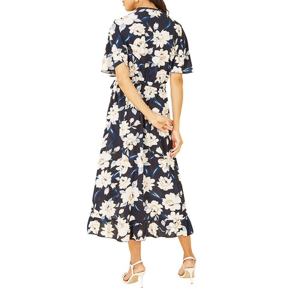 Navy - Mela London - Women's Navy Floral Print Midi Wrap Dress - 4