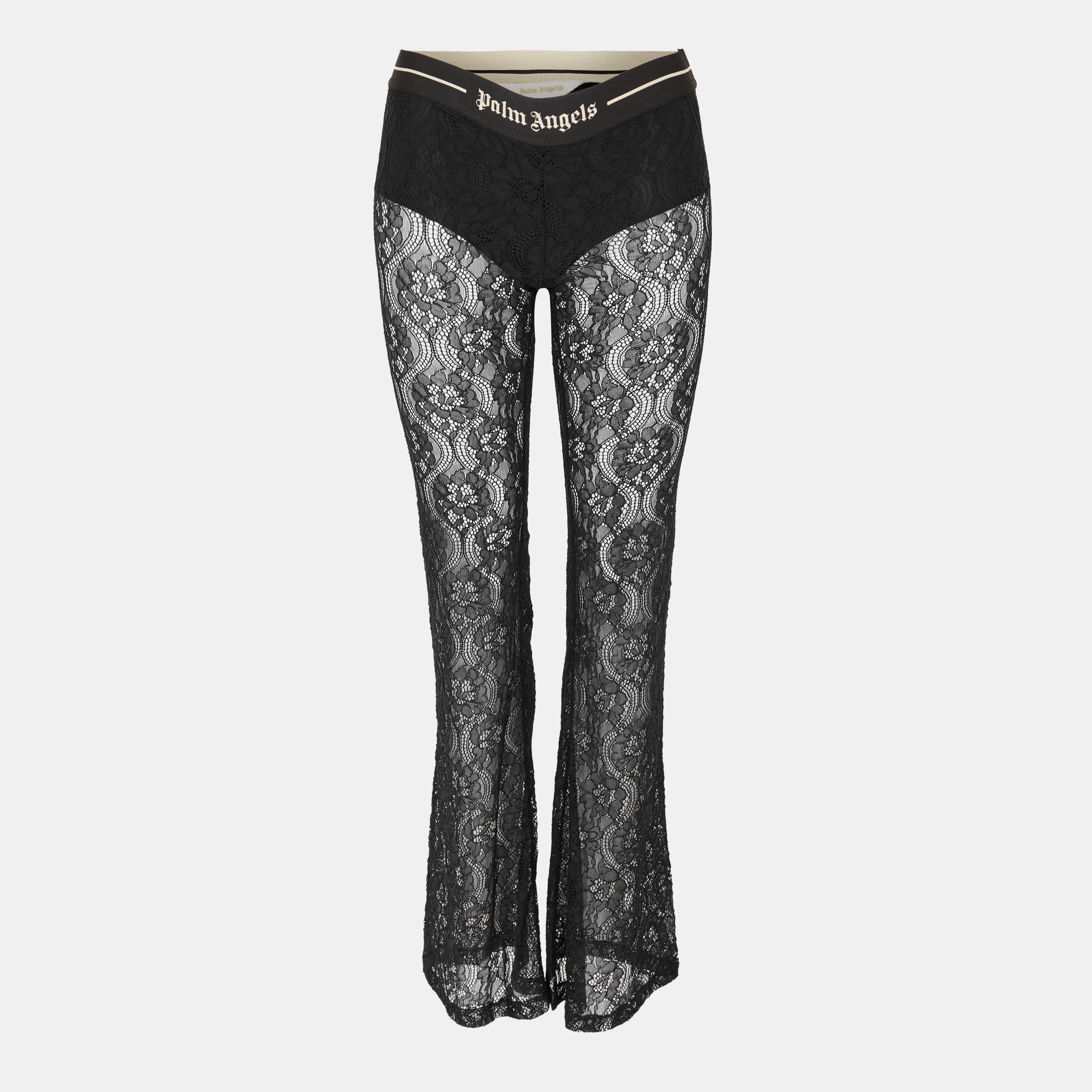 Black - Palm Angels - Women's Lace Logo High-Rise Flared Trousers - 1