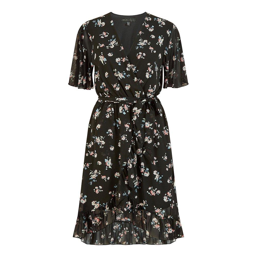 Black - Mela London - Women's Black Floral Frill Wrap Dress - 1