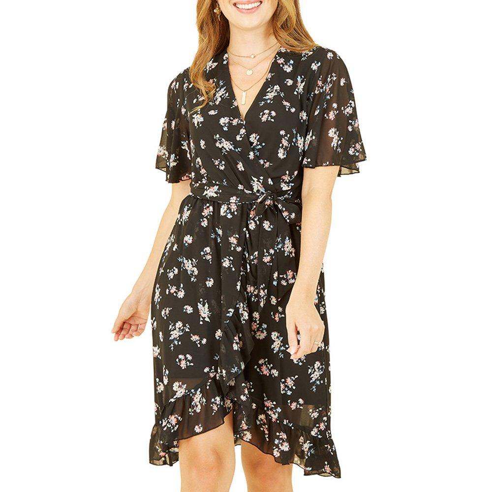 Black - Mela London - Women's Black Floral Frill Wrap Dress - 3