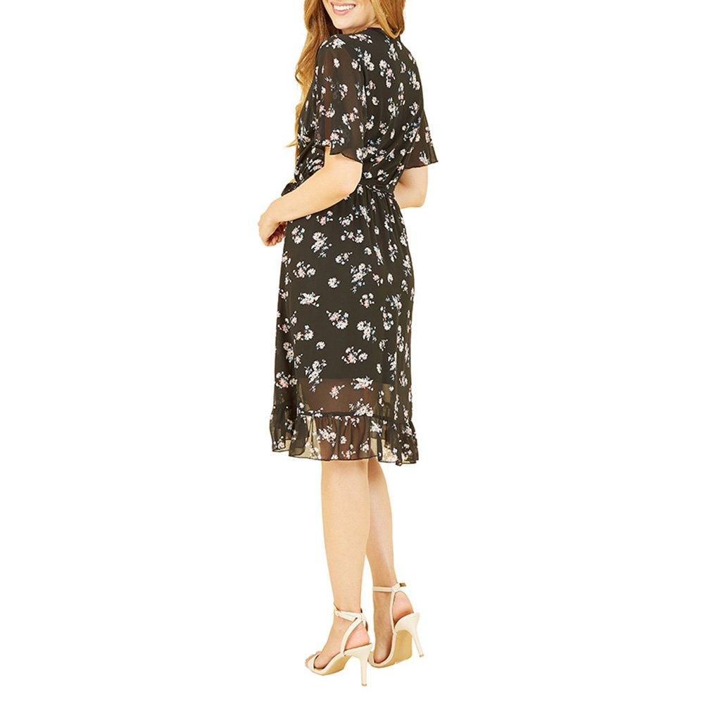 Black - Mela London - Women's Black Floral Frill Wrap Dress - 4