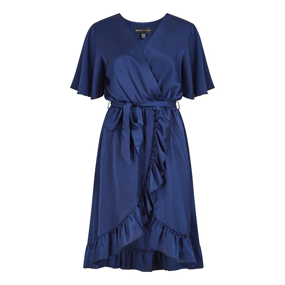 Navy - Mela London - Women's Navy Satin Wrap Dress - 1