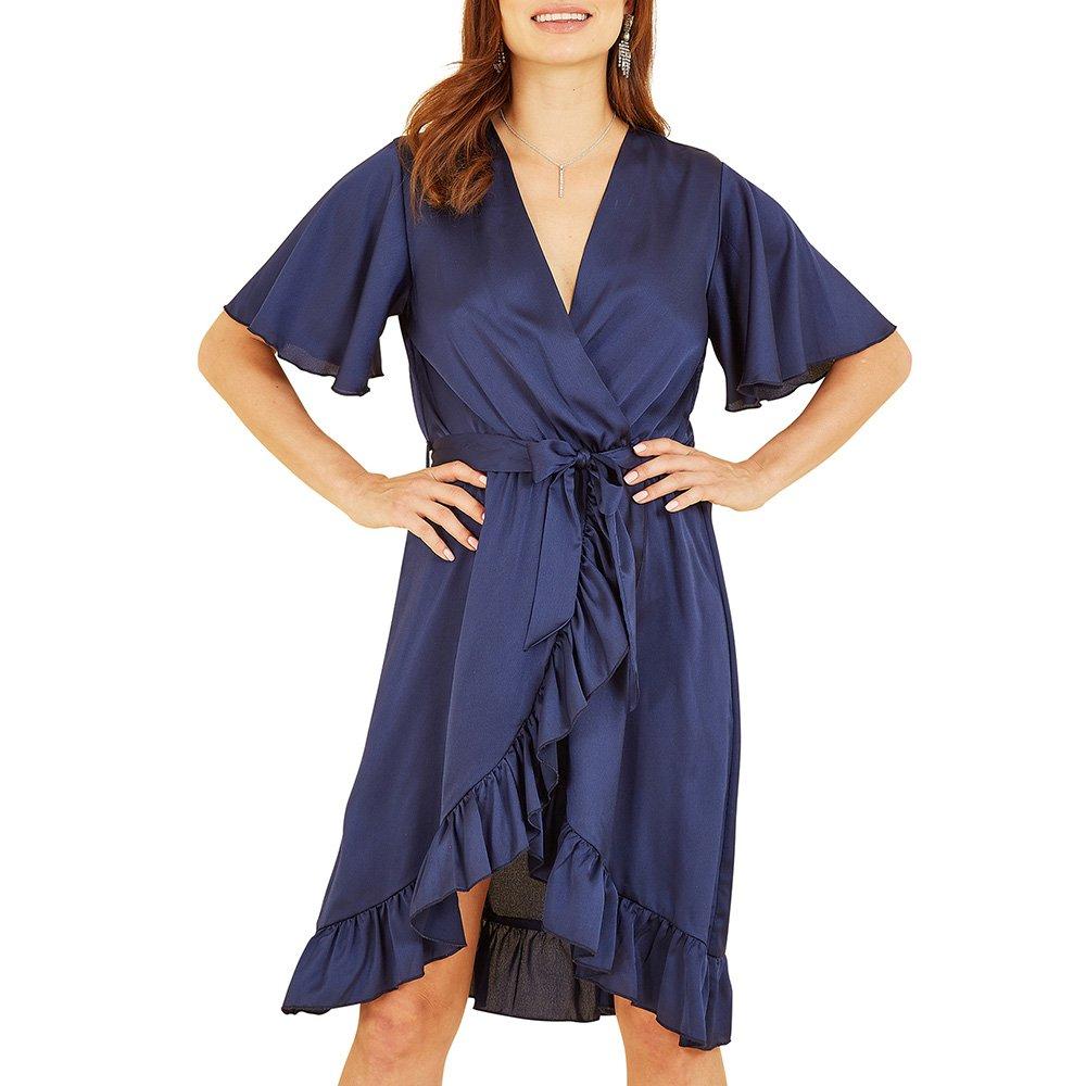 Navy - Mela London - Women's Navy Satin Wrap Dress - 3