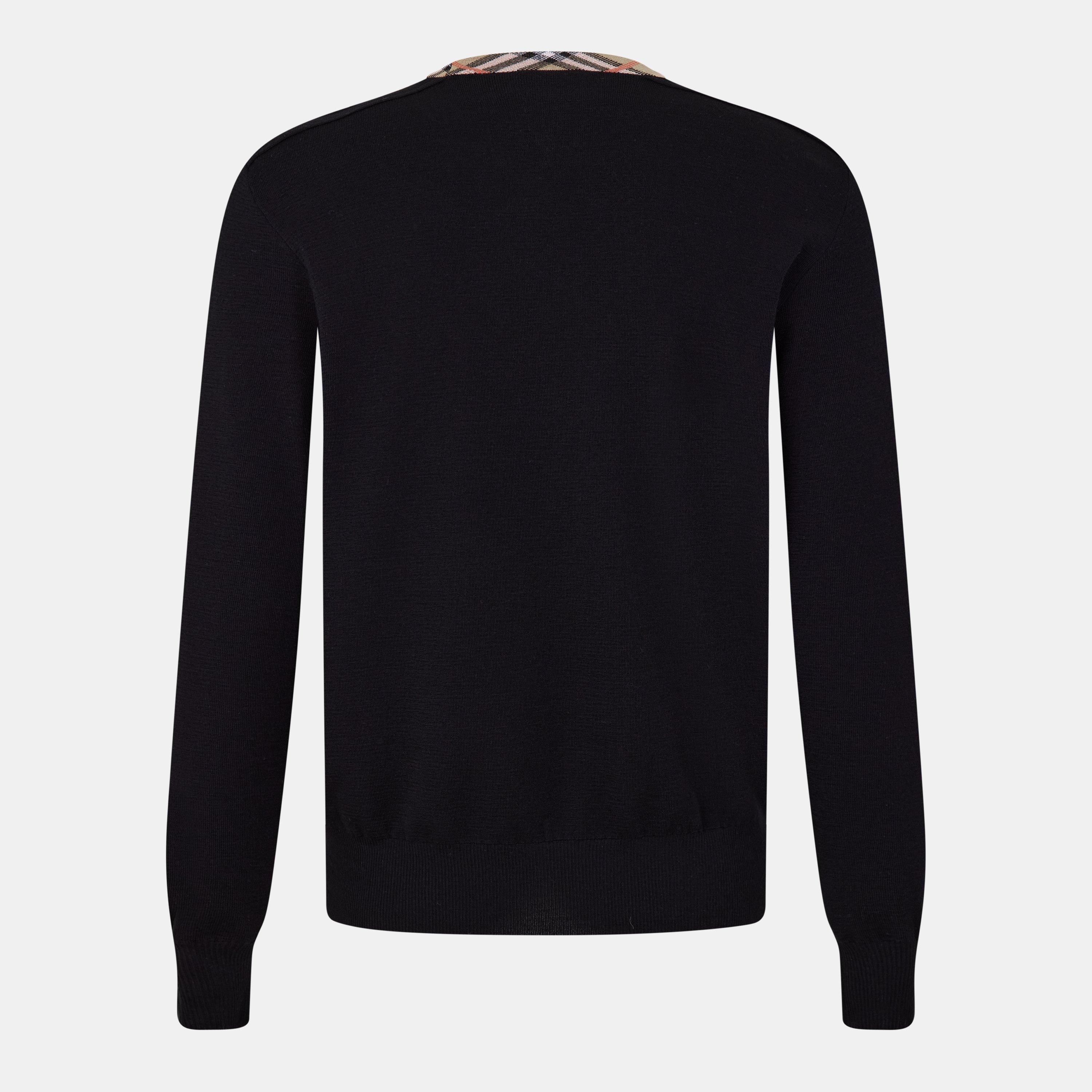 Black - Burberry - Men's Check Trim Wool Crew Neck Jumper - 2