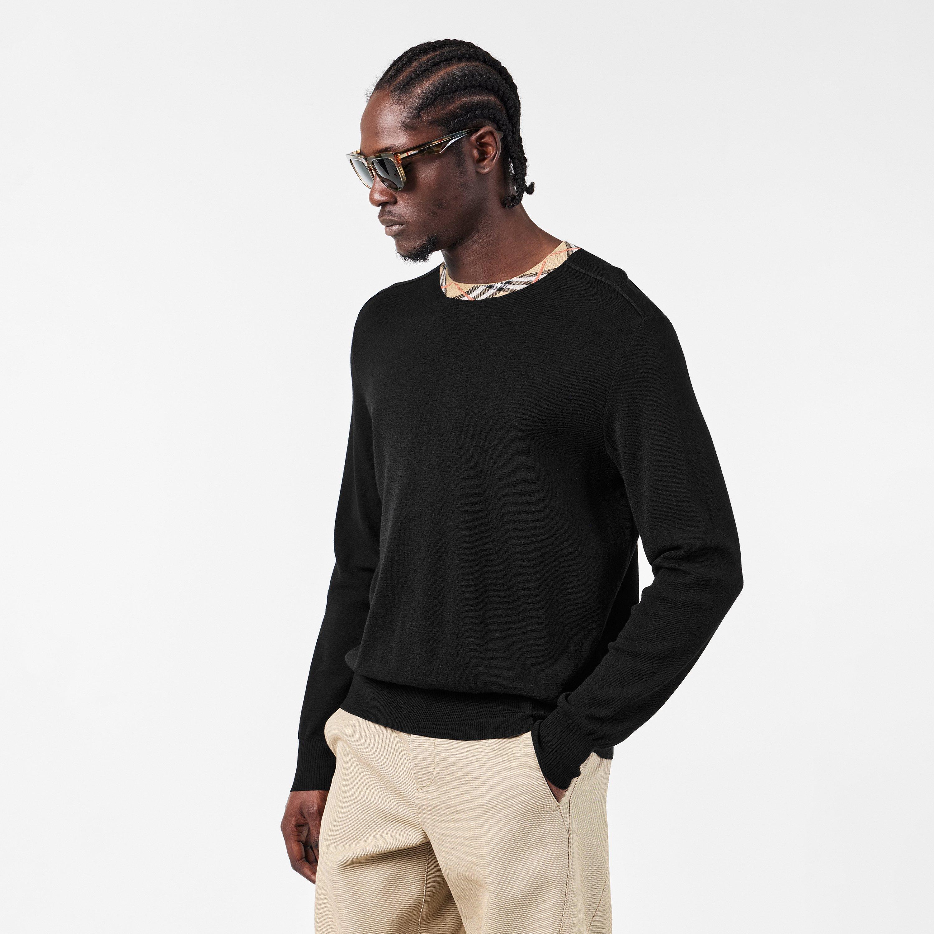 Black - Burberry - Men's Check Trim Wool Crew Neck Jumper - 3