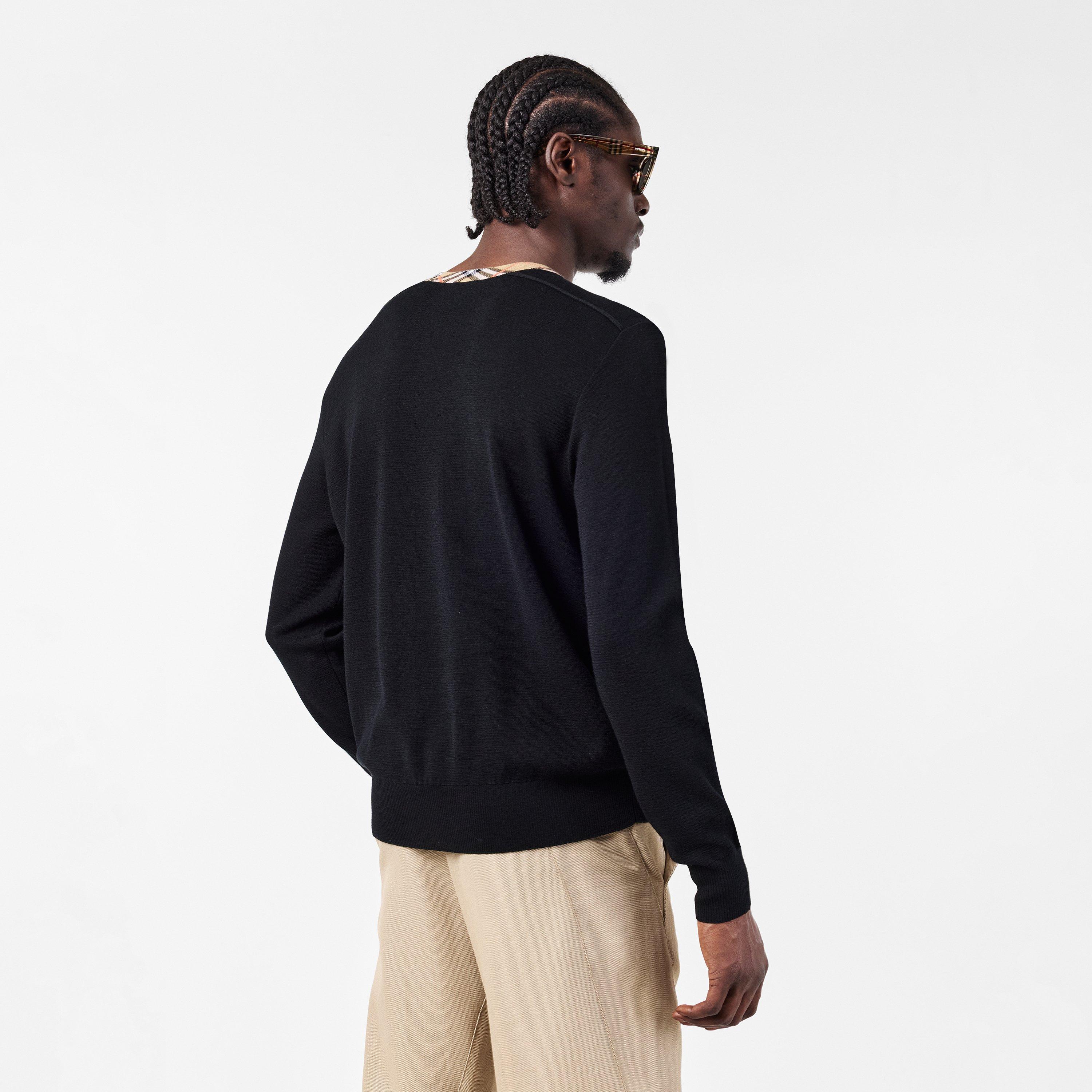 Black - Burberry - Men's Check Trim Wool Crew Neck Jumper - 4