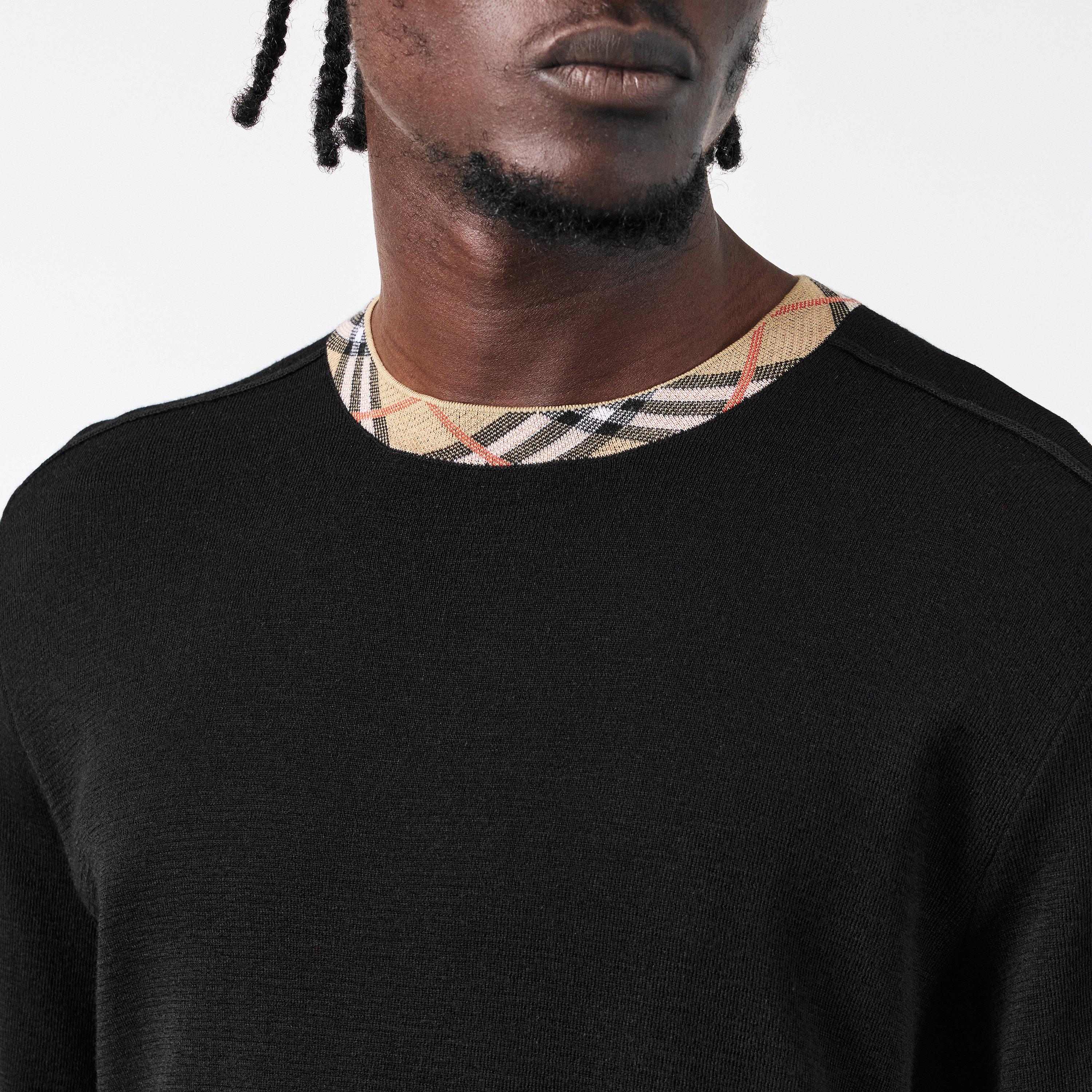 Black - Burberry - Men's Check Trim Wool Crew Neck Jumper - 5