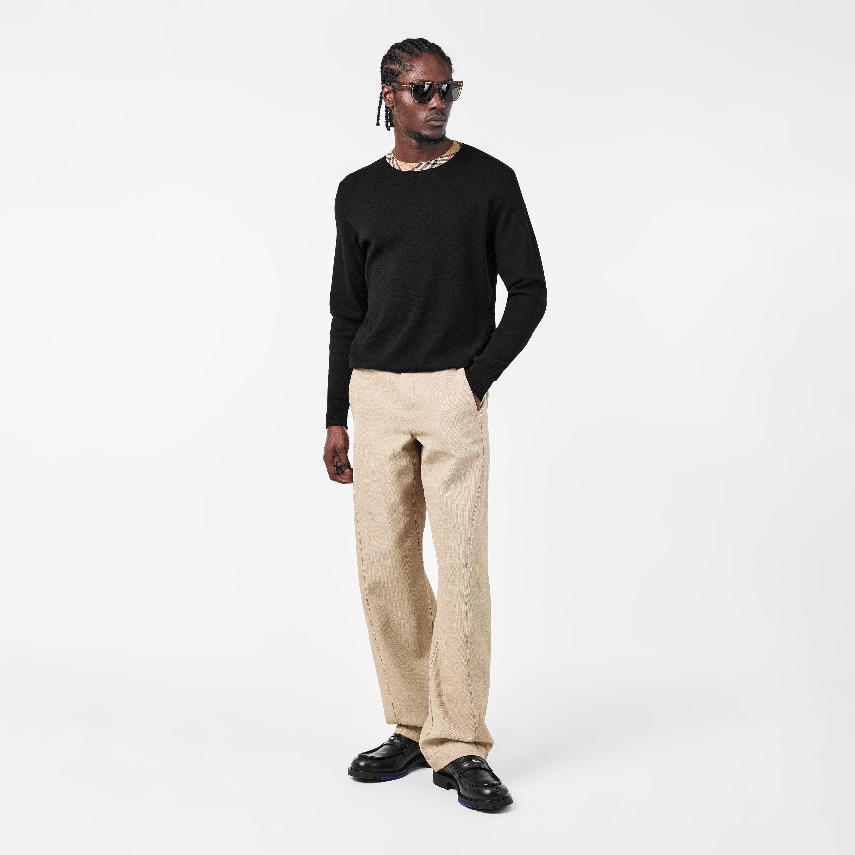 Black - Burberry - Men's Check Trim Wool Crew Neck Jumper - 6