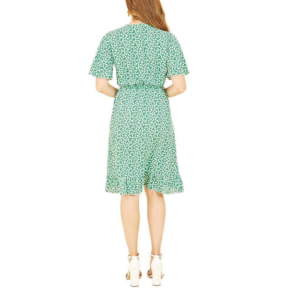 Green - Mela London - Women's Green Ditsy Floral Frill Wrap Dress - 4