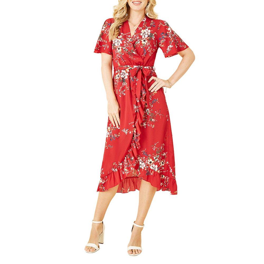 Red - Mela London - Women's Blue Floral Dip Hem Midi Wrap Dress - 2