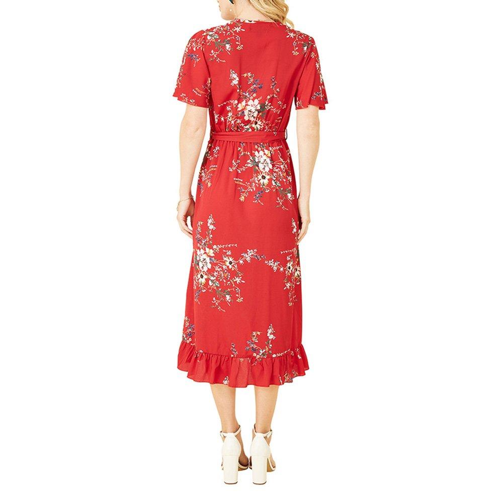 Red - Mela London - Women's Blue Floral Dip Hem Midi Wrap Dress - 4