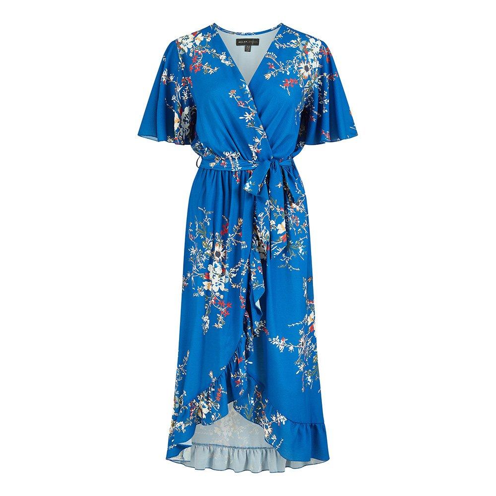 knee length dresses for ladies Mela London Blue Animal Print Dip Hem Midi Wrap Dress – Tradegala main image 1