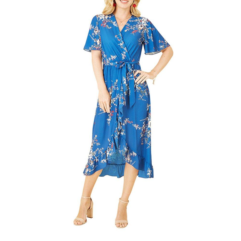 Blue - Mela London - Women's Blue Floral Dip Hem Midi Wrap Dress - 2