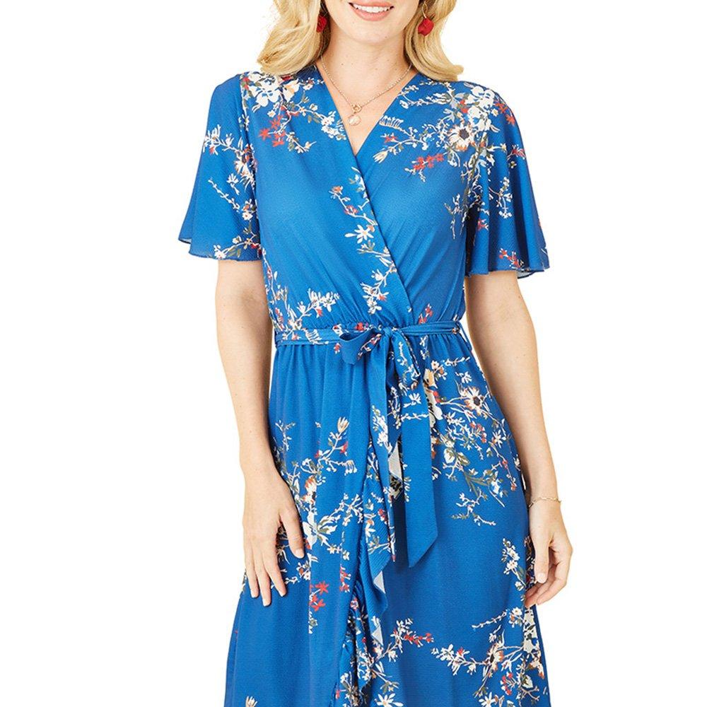 Blue - Mela London - Women's Blue Floral Dip Hem Midi Wrap Dress - 3