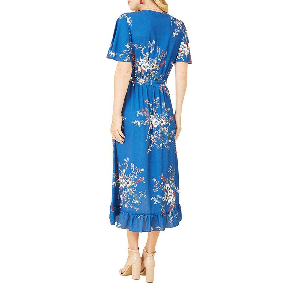 Blue - Mela London - Women's Blue Floral Dip Hem Midi Wrap Dress - 4