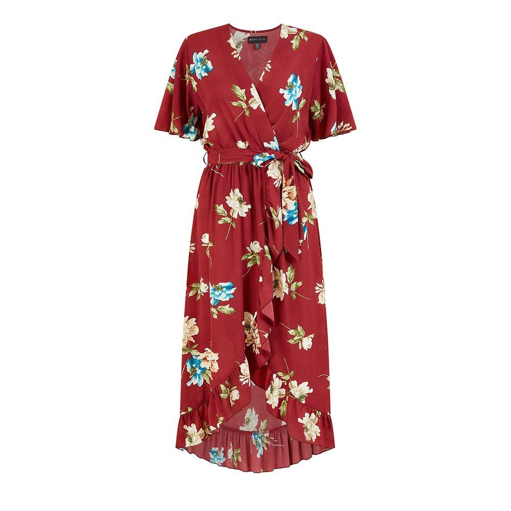 Red - Mela London - Women's Red Floral Dip Hem Midi Wrap Dress - 1