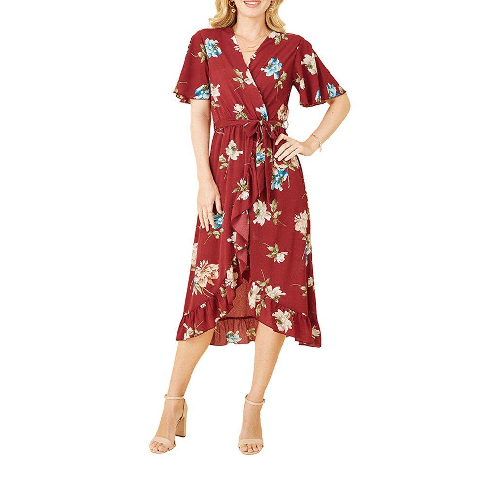 Red - Mela London - Women's Red Floral Dip Hem Midi Wrap Dress - 2