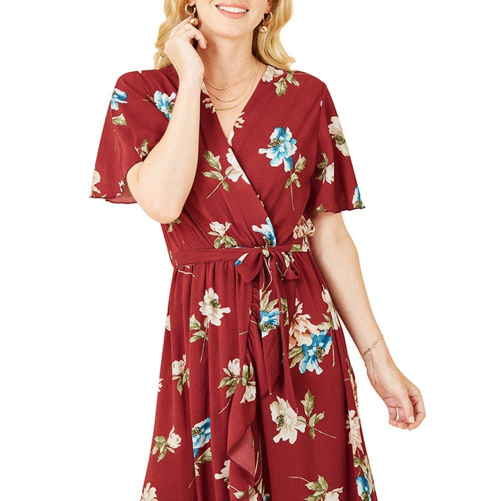 Red - Mela London - Women's Red Floral Dip Hem Midi Wrap Dress - 3