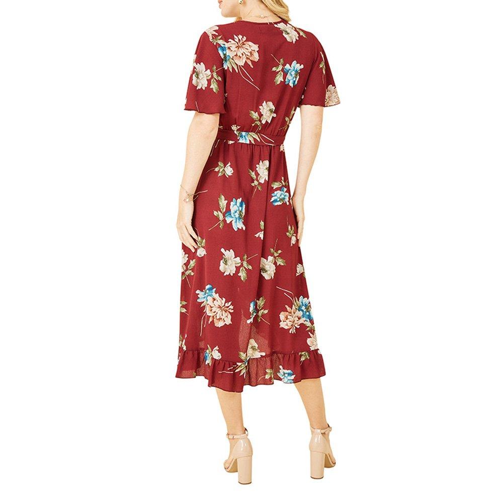 Red - Mela London - Women's Red Floral Dip Hem Midi Wrap Dress - 4