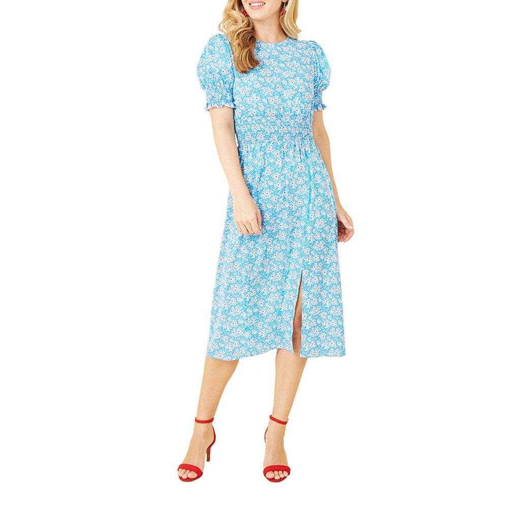 Blue - Mela London - Women's Blue Floral Shirred Waist Midi Wrap Dress - 2