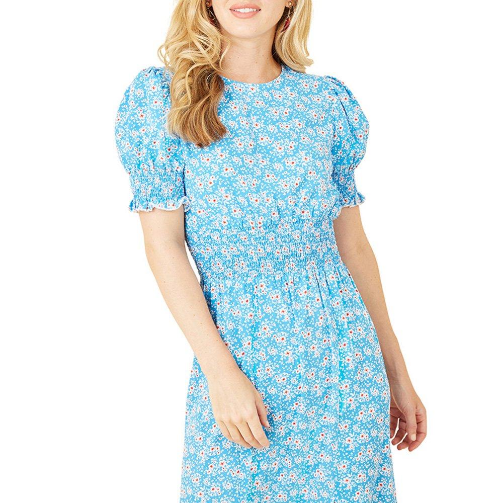 Blue - Mela London - Women's Blue Floral Shirred Waist Midi Wrap Dress - 3