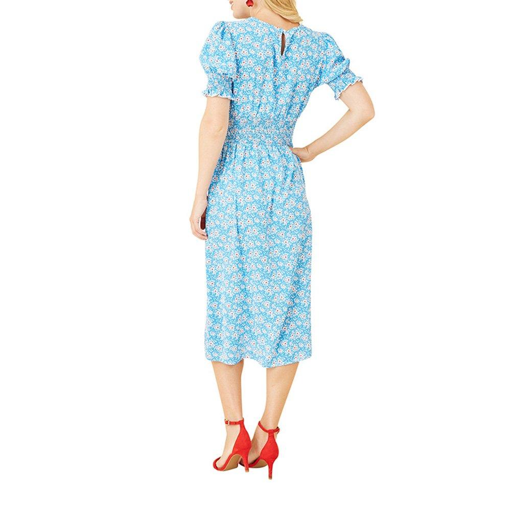 Blue - Mela London - Women's Blue Floral Shirred Waist Midi Wrap Dress - 4