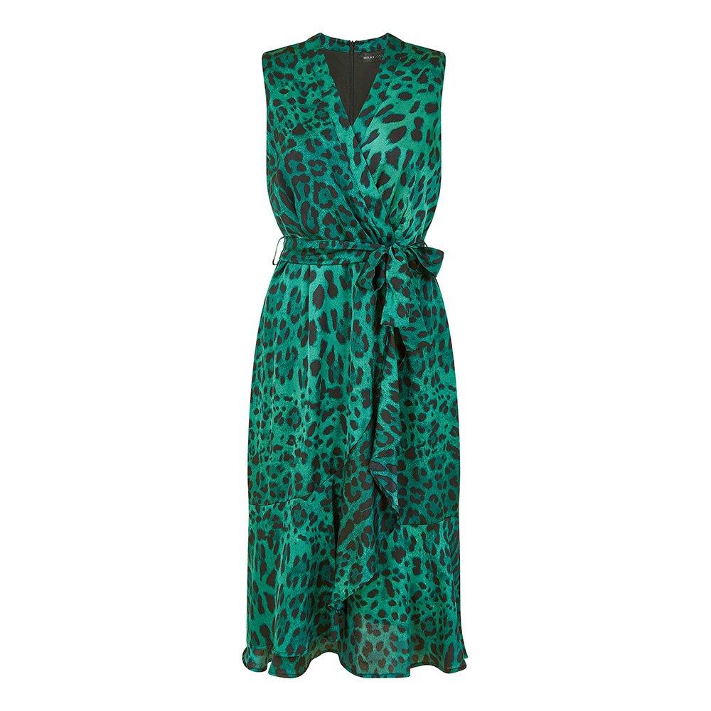 Green - Mela London - Women's Green Animal Print Satin Midi Wrap Dress - 1