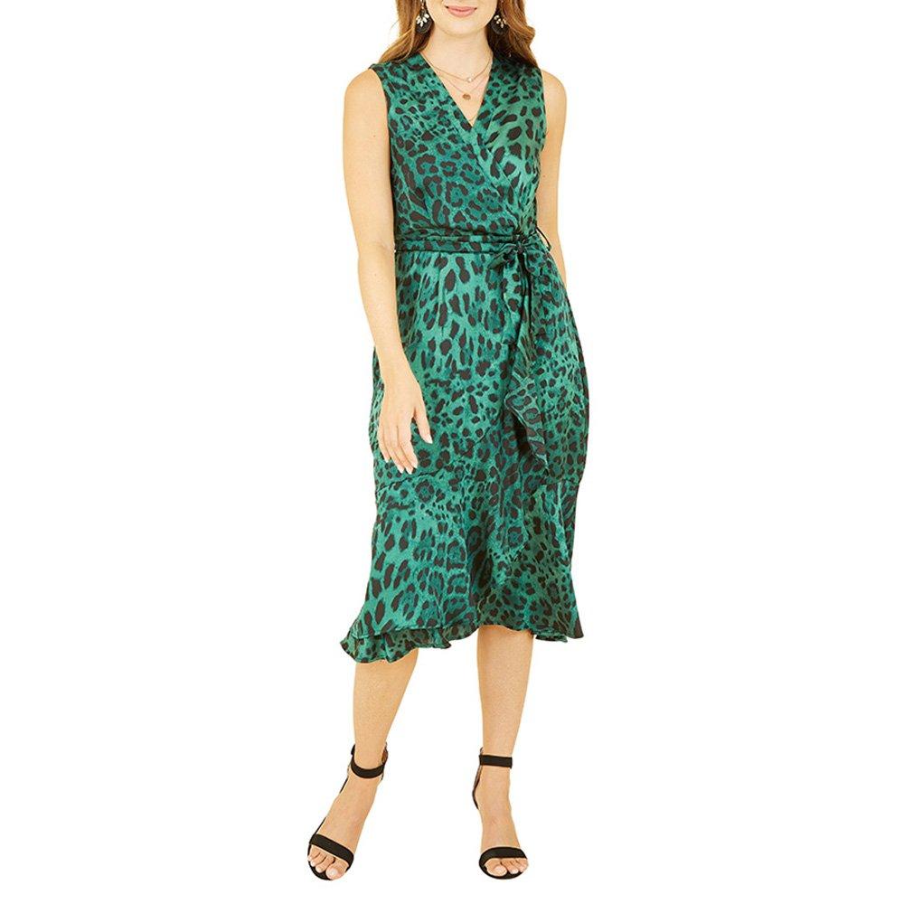 Green - Mela London - Women's Green Animal Print Satin Midi Wrap Dress - 2