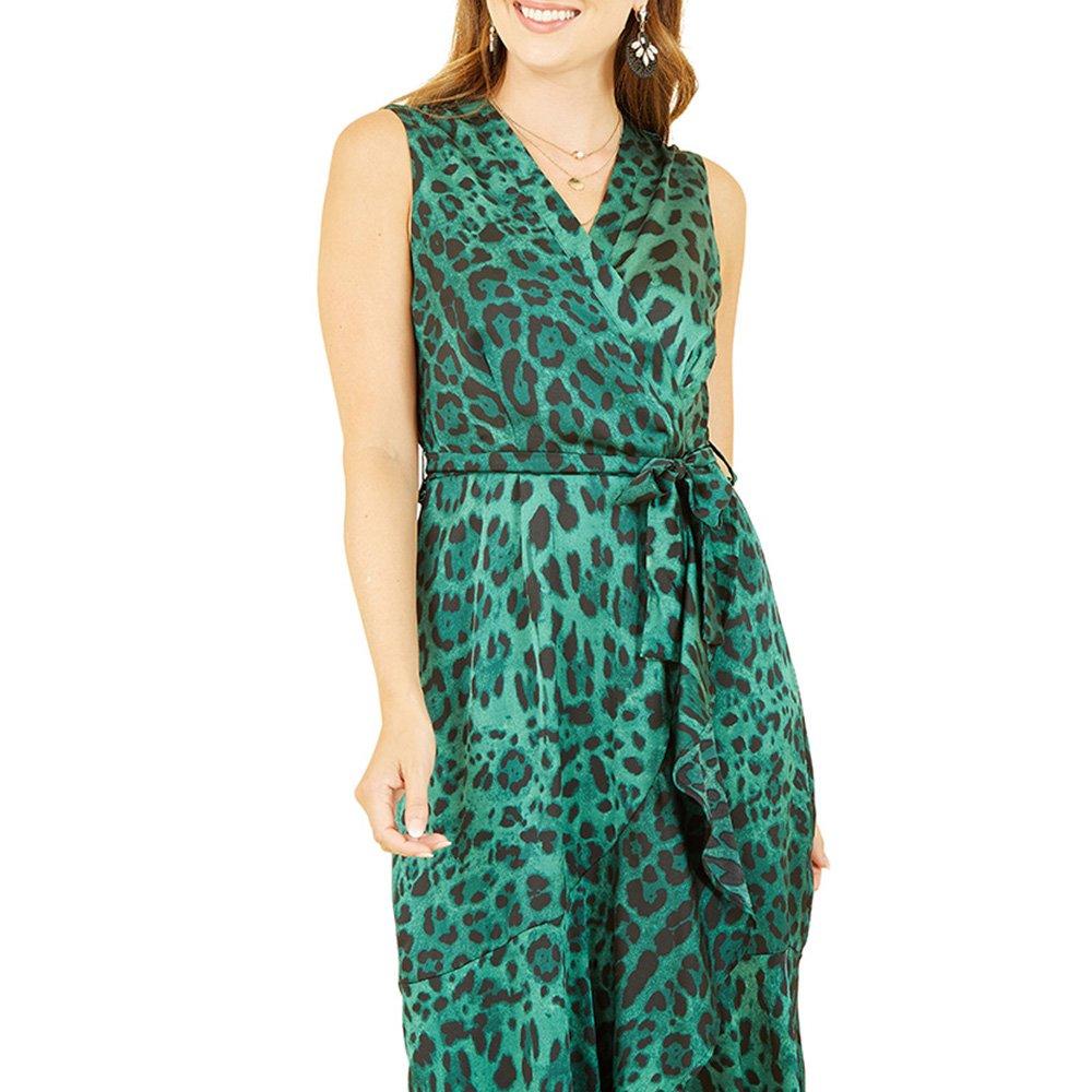 Green - Mela London - Women's Green Animal Print Satin Midi Wrap Dress - 3