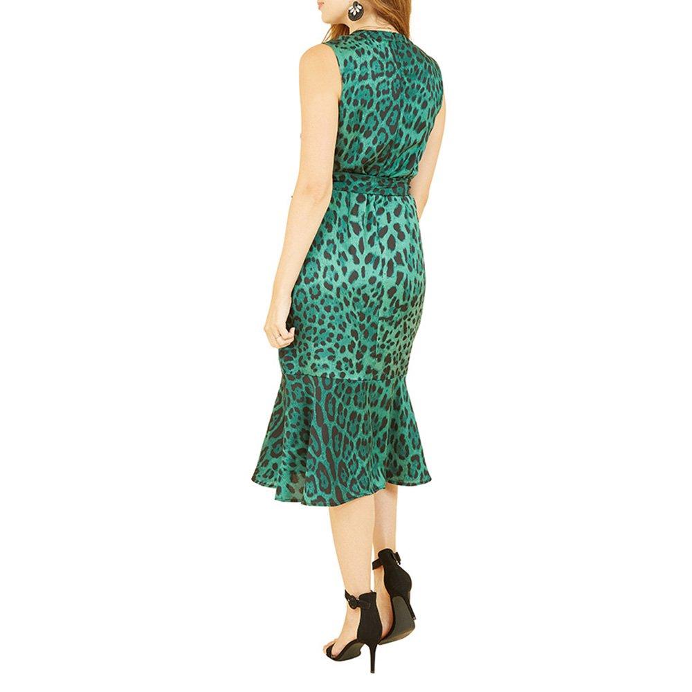 Green - Mela London - Women's Green Animal Print Satin Midi Wrap Dress - 4