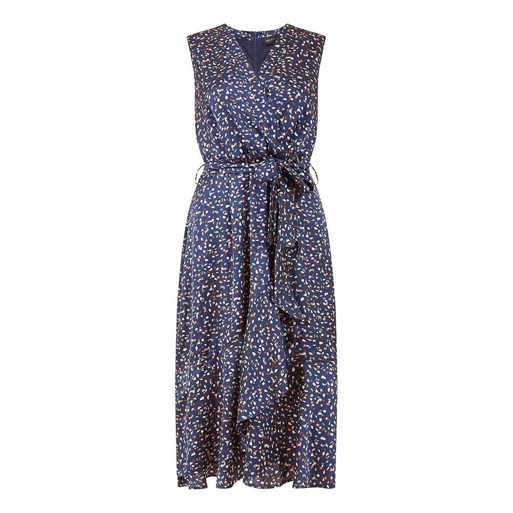 Navy - Mela London - Women's Navy Spot Satin Effect Midi Wrap Dress