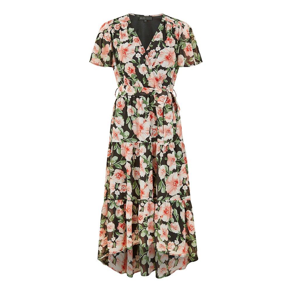 Mela London Women's Floral Dipped Hem Wrap Dress Black - 8 (XS)