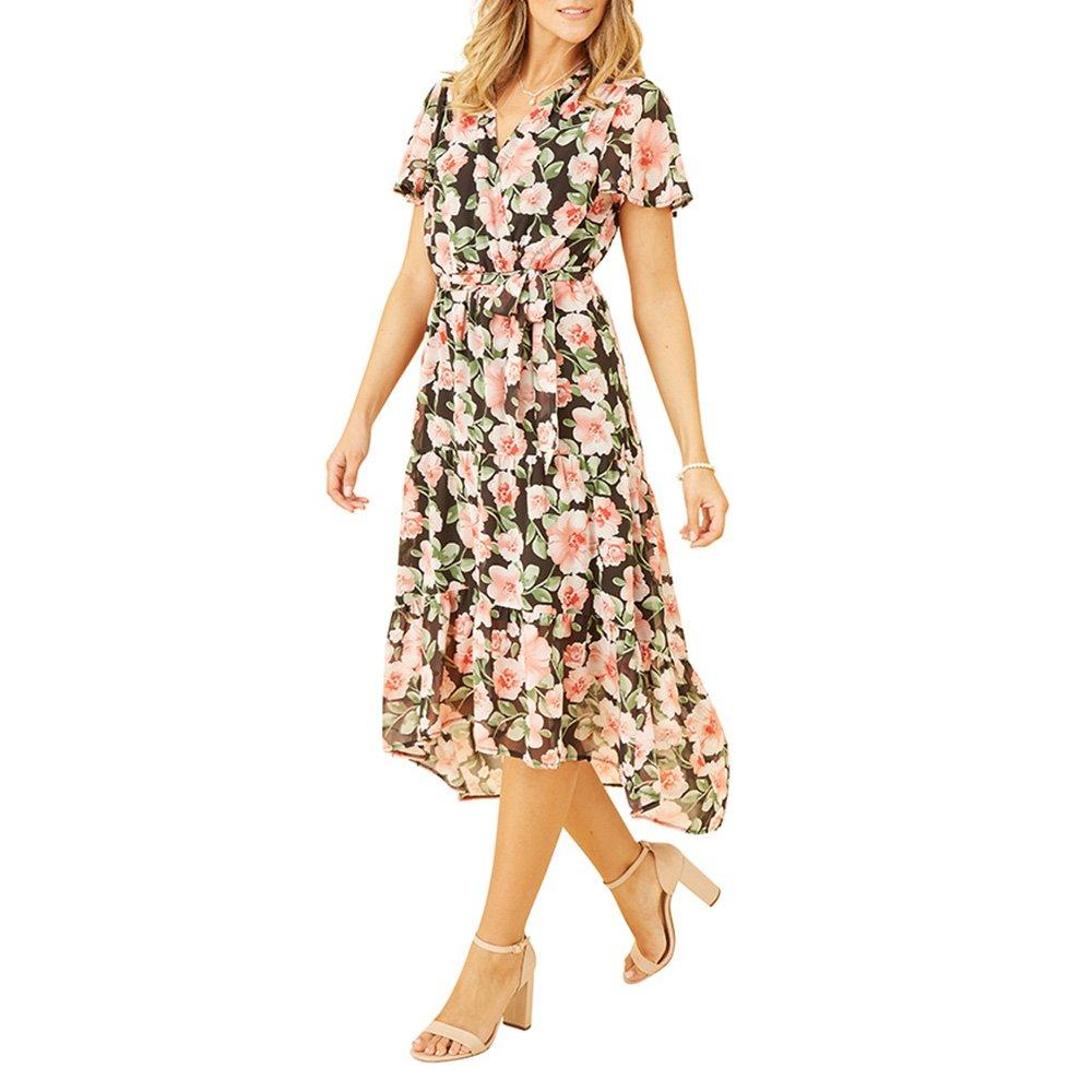 Black - Mela London - Women's Black Floral Dipped Hem Wrap Dress - 2