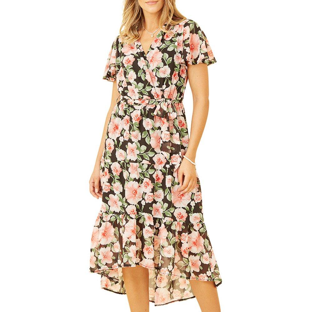 Black - Mela London - Women's Black Floral Dipped Hem Wrap Dress - 3