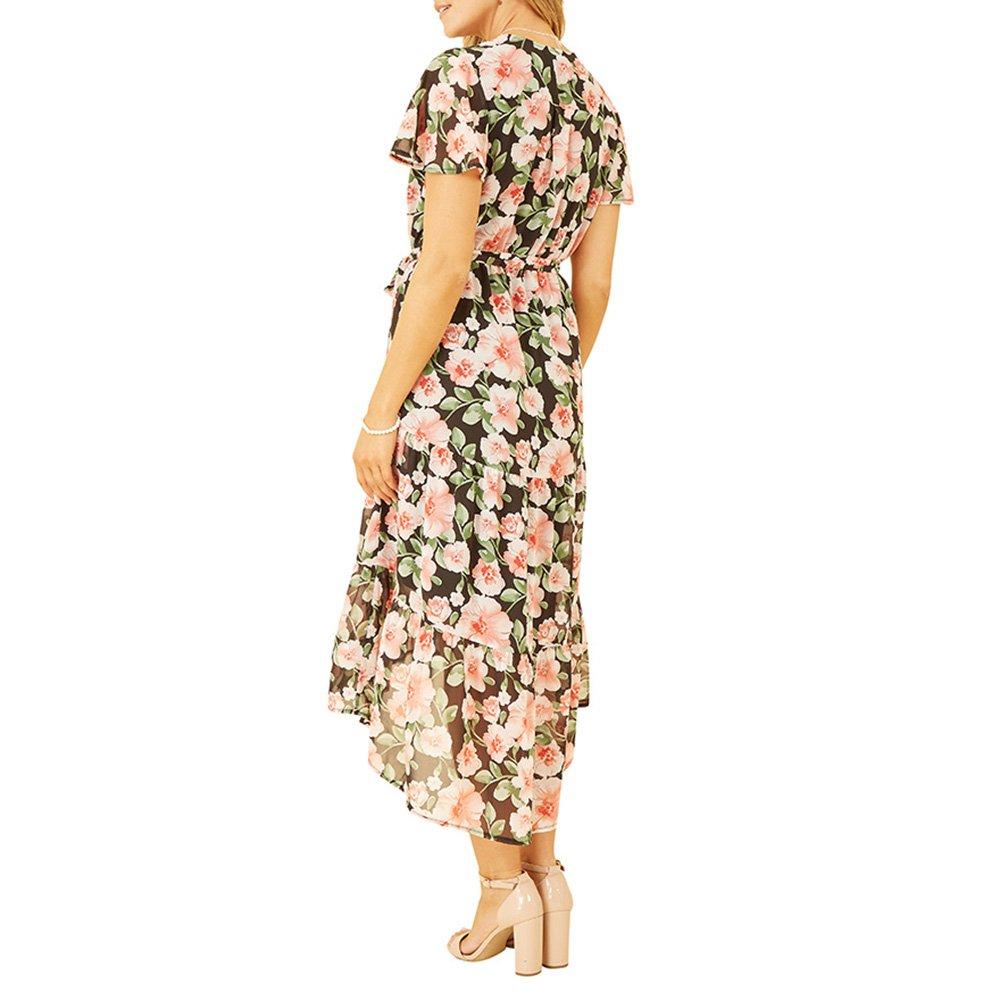 Black - Mela London - Women's Black Floral Dipped Hem Wrap Dress - 4