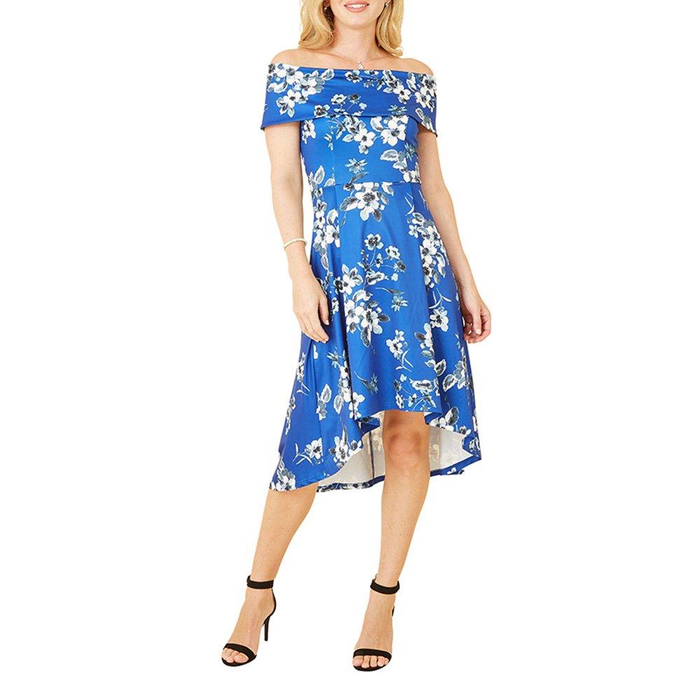 Blue - Mela London - Women's Blue Floral Bardot Dipped Hem Slip Dress - 2