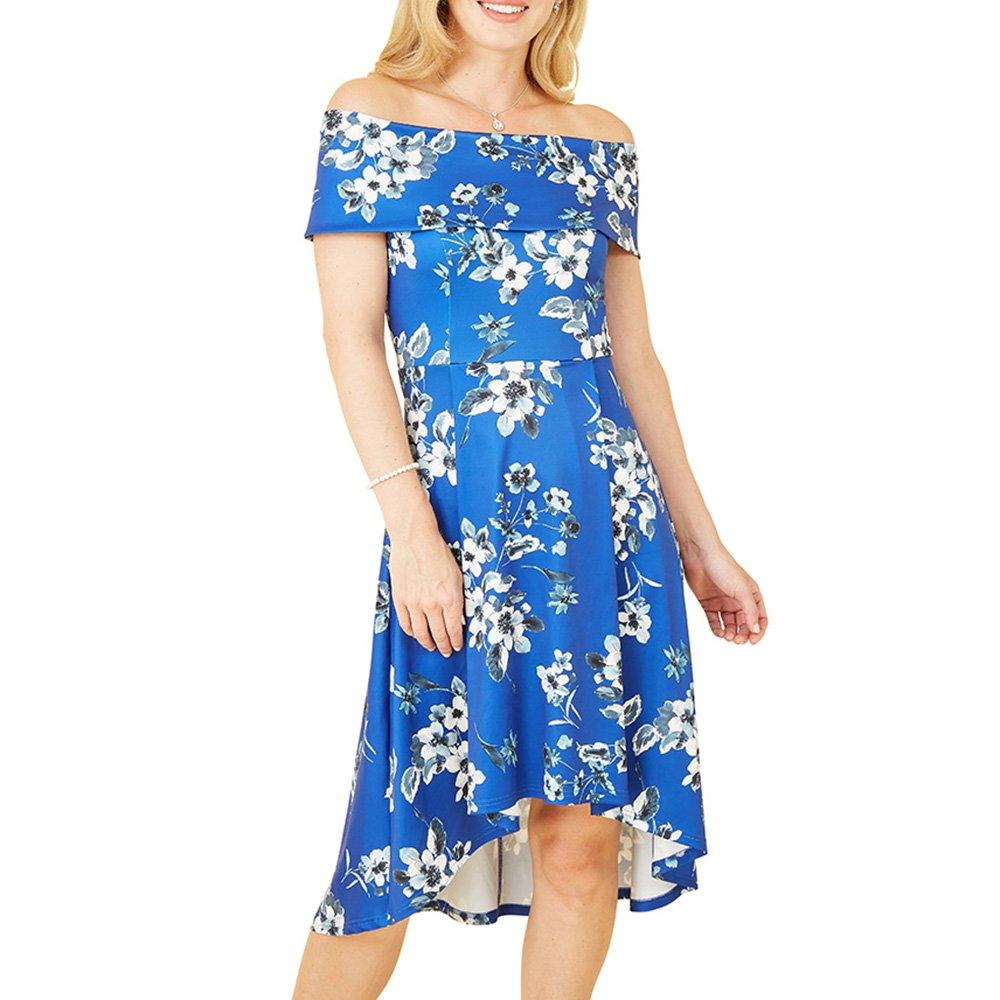 Blue - Mela London - Women's Blue Floral Bardot Dipped Hem Slip Dress - 3