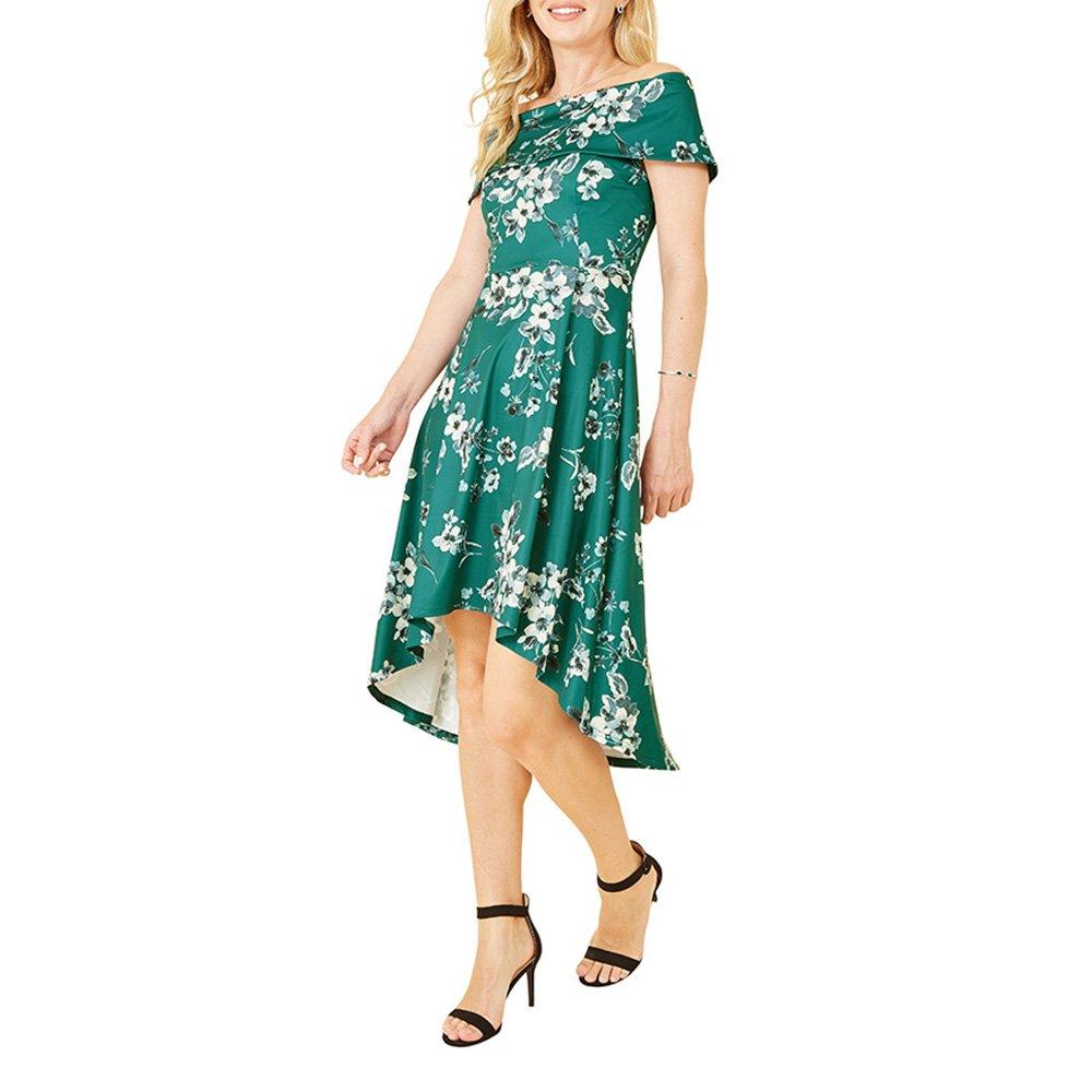 Green - Mela London - Women's Green Floral Bardot Dipped Hem Slip Dress - 2