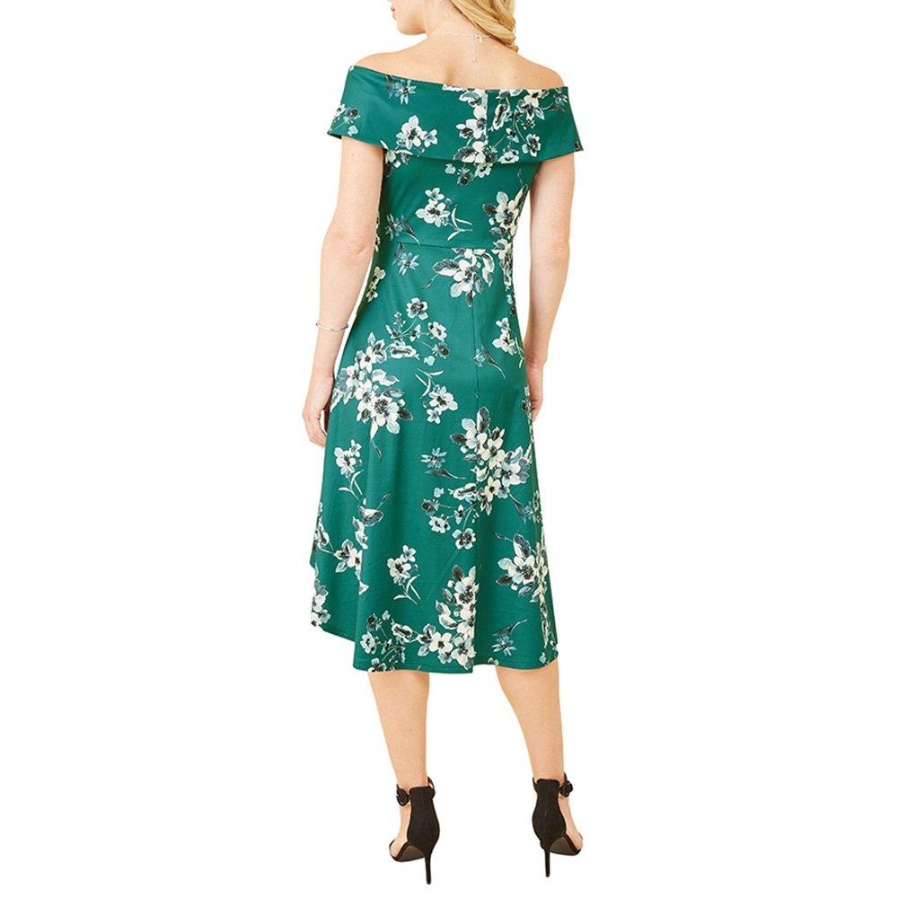 Green - Mela London - Women's Green Floral Bardot Dipped Hem Slip Dress - 4