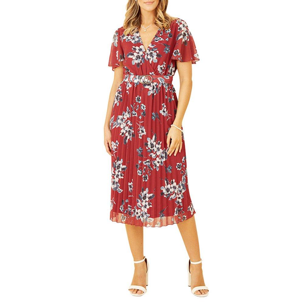 Red - Mela London - Women's Red Floral Print Pleated Skater Dress - 2