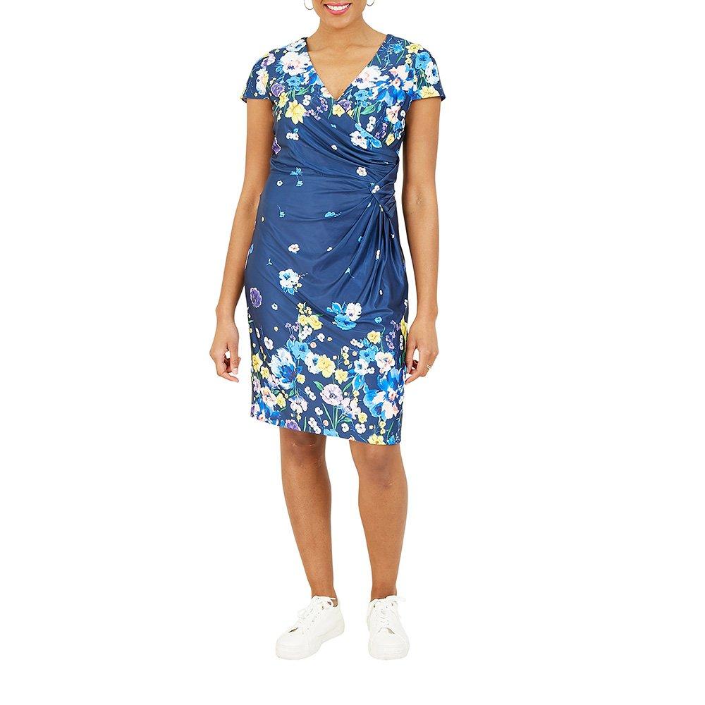 Navy - Yumi - Women's Floral Ruched Bodycon Wrap Dress - 2