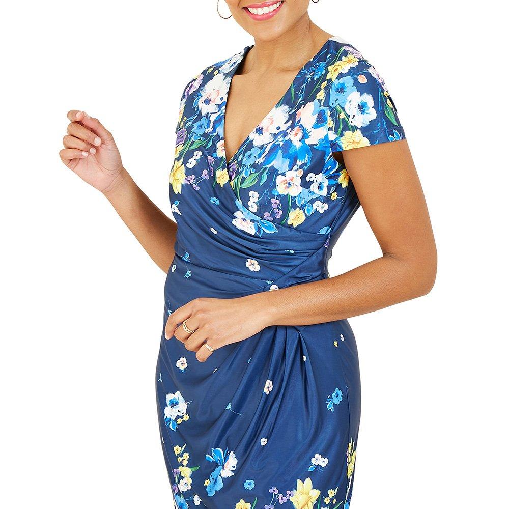 Navy - Yumi - Women's Floral Ruched Bodycon Wrap Dress - 3